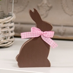 Wooden Chocolate Bunny Sitter w/Pink Check Ribbon